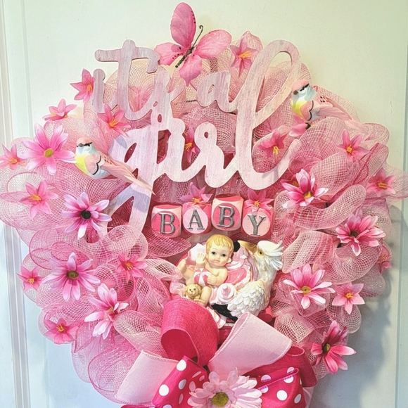 It's a Girl Wreath Deco Mesh Hand Painted Baby Stork Floral - Picture 2 of 13